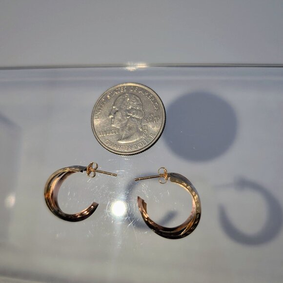 14K Tricolor Gold Semi Hoop Earrings With Diamond-Cut Design - Picture 3 of 8